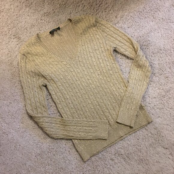 Ralph Lauren Silk Festive Golden Cable Knit V-Neck Sweater - Picture 9 of 13